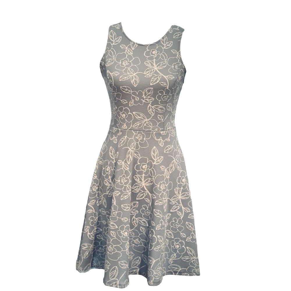 AQUA light blue dress w/ white embroidered floral design (see CU for texture)
